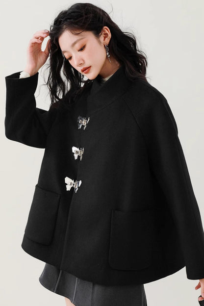 Black Woolen Butterfly Buckle Coat