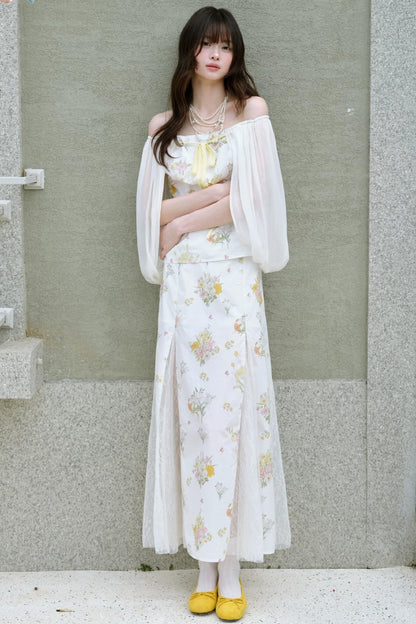 One-Shoulder-Oberteil aus floraler Gaze und Rock-Set