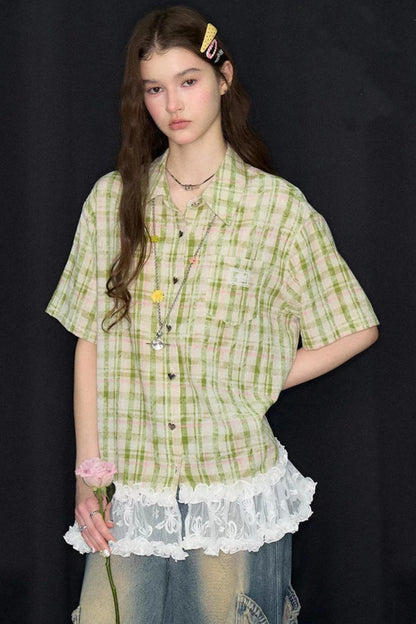 Green Plaid Lace Hem Shirt