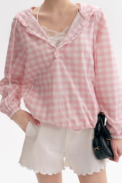 Cream Pink Plaid Lace Hooded Pullover Top
