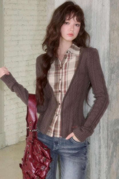 Plaid Splicing Fake Two-Piece Knit Sweater