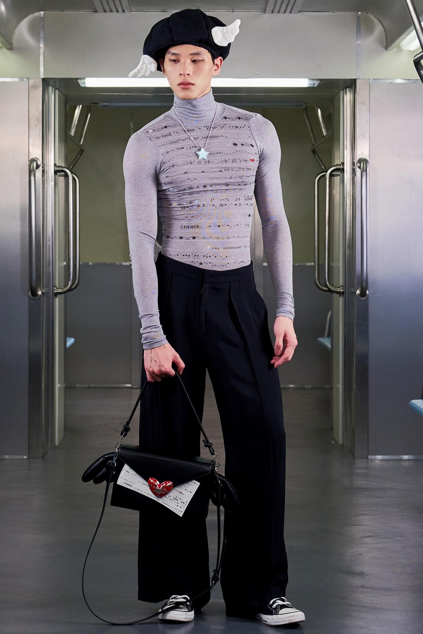 Wool Blend Striped Turtleneck Top