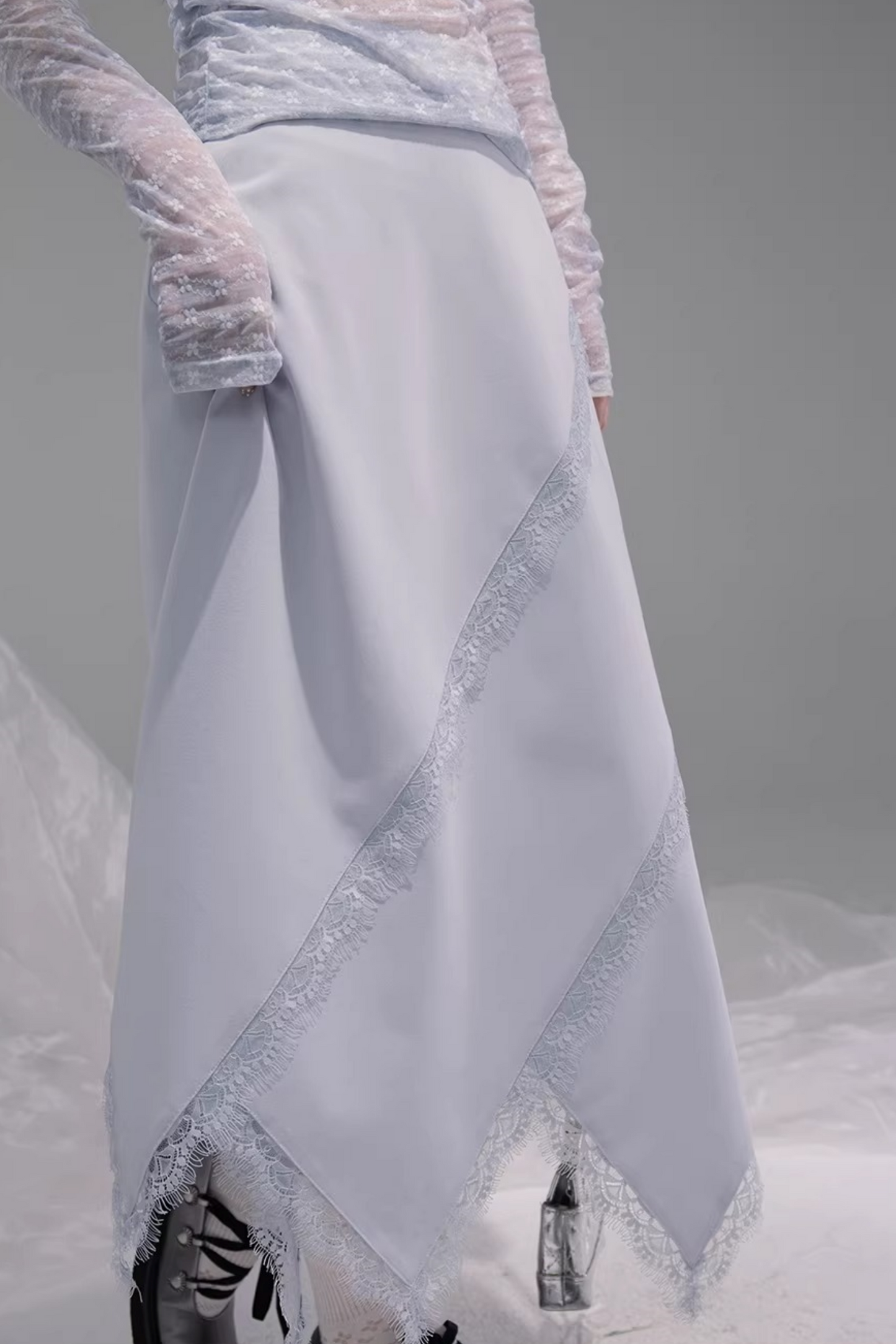 Flowing Gray-Blue Lace Skirt