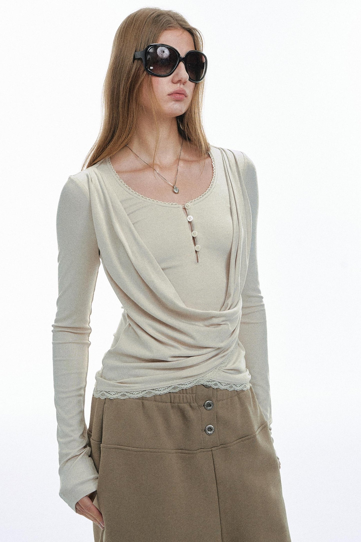 Pleated Lace Knit Top