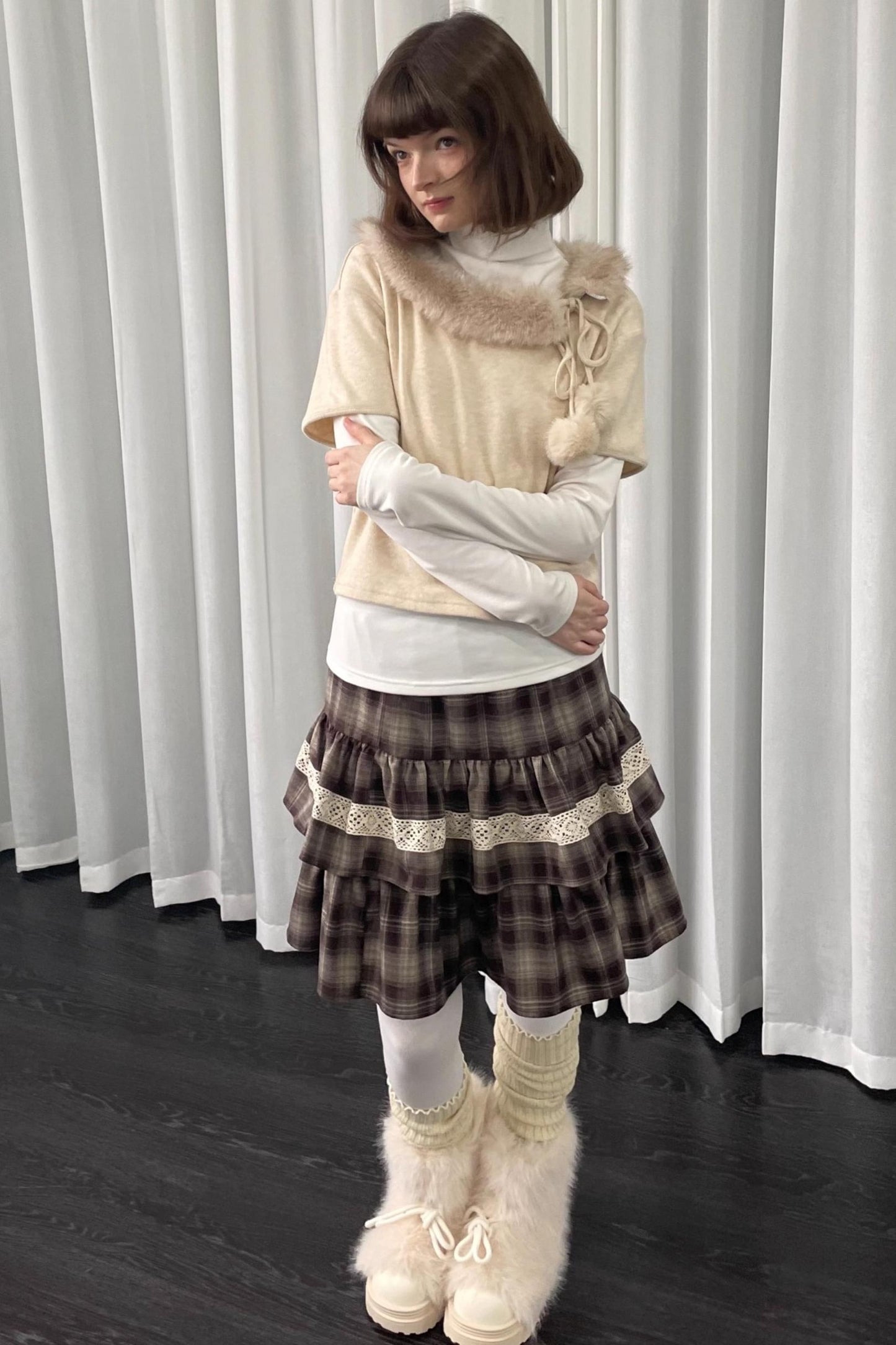 Coffee Plaid Patchwork Puffy Skirt