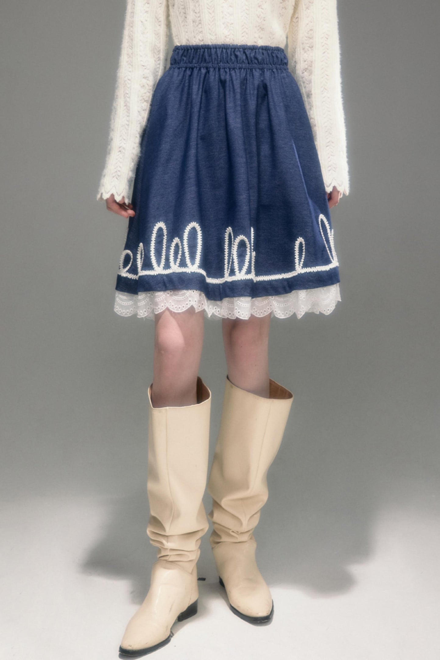 Embroidered Patchwork Denim A-Line Skirt