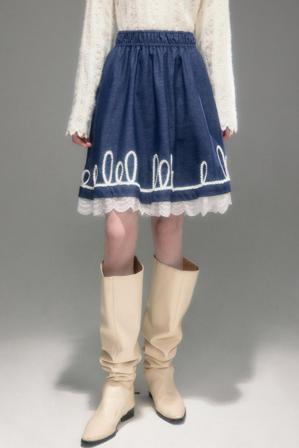 Embroidered Patchwork Denim A-Line Skirt