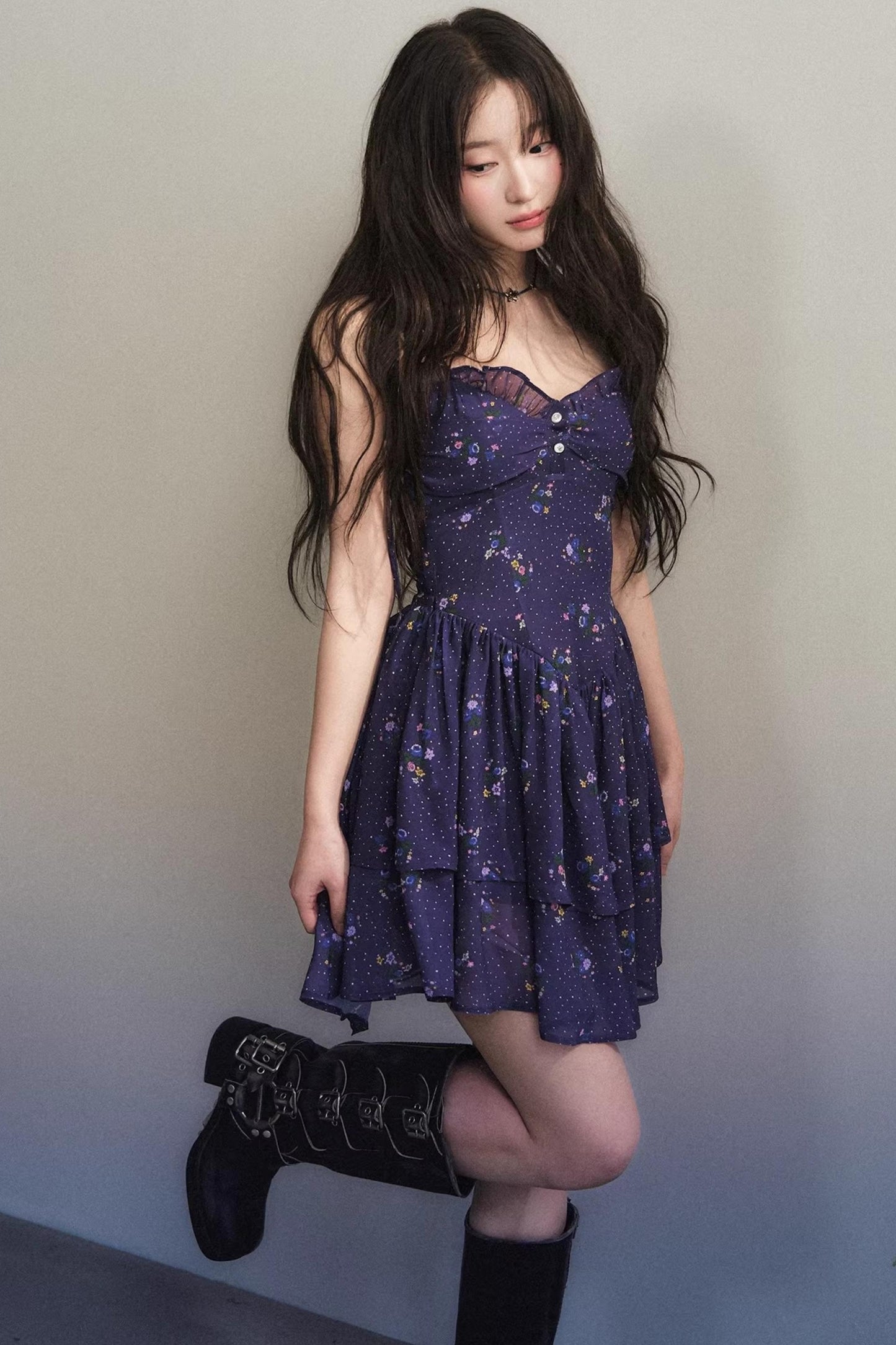 Dark Purple Chiffon Floral Dress