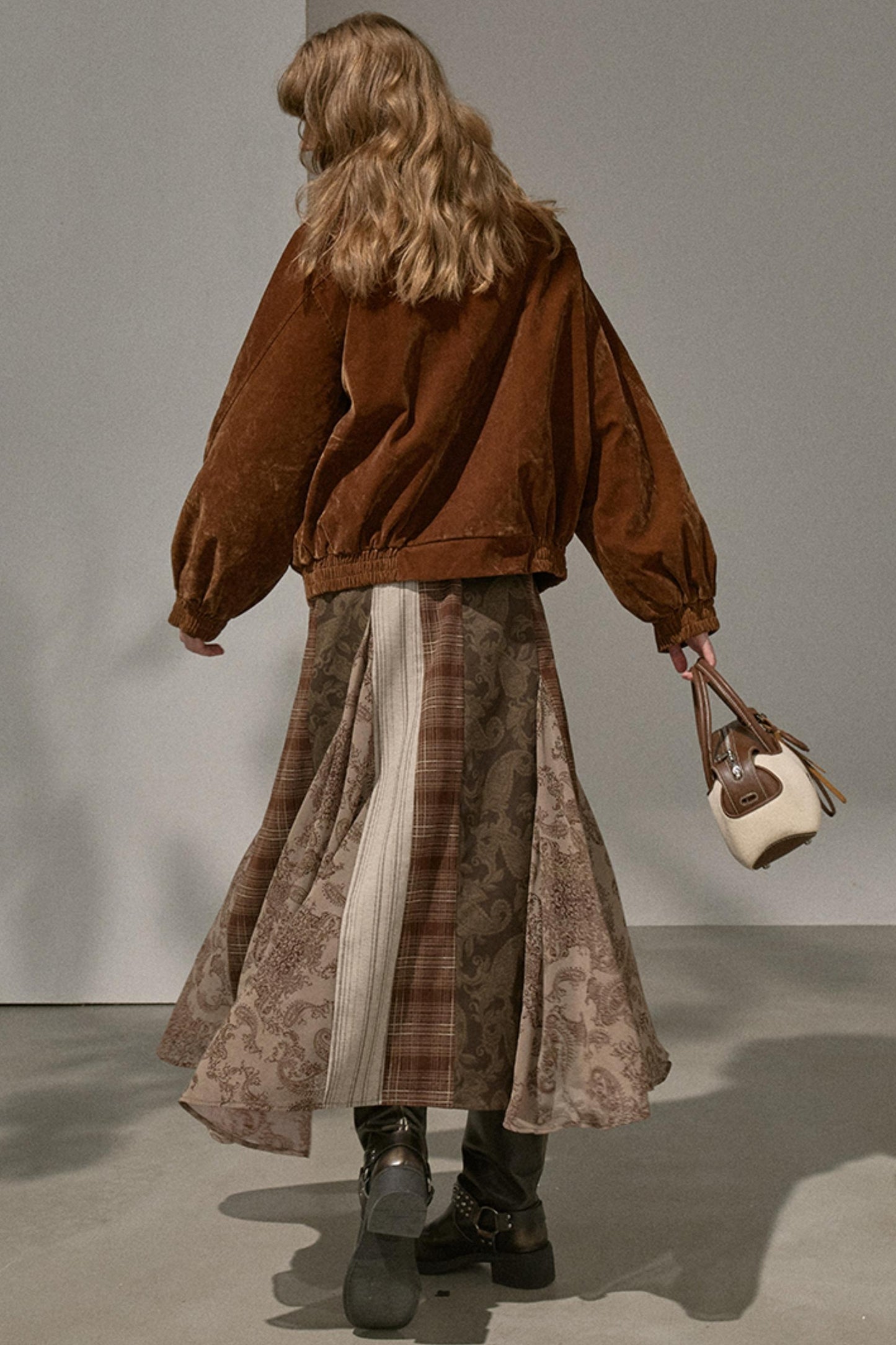 Floral Stitching Brown Skirt