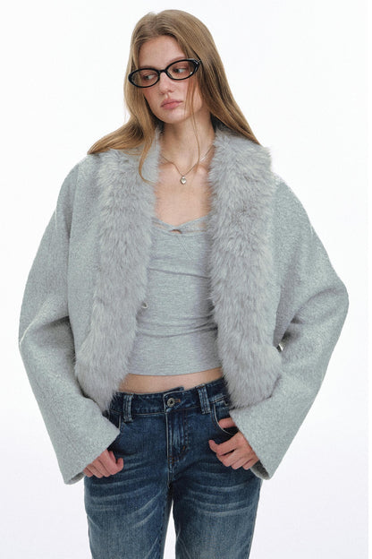 Curved Fur Collar Woolen Coat