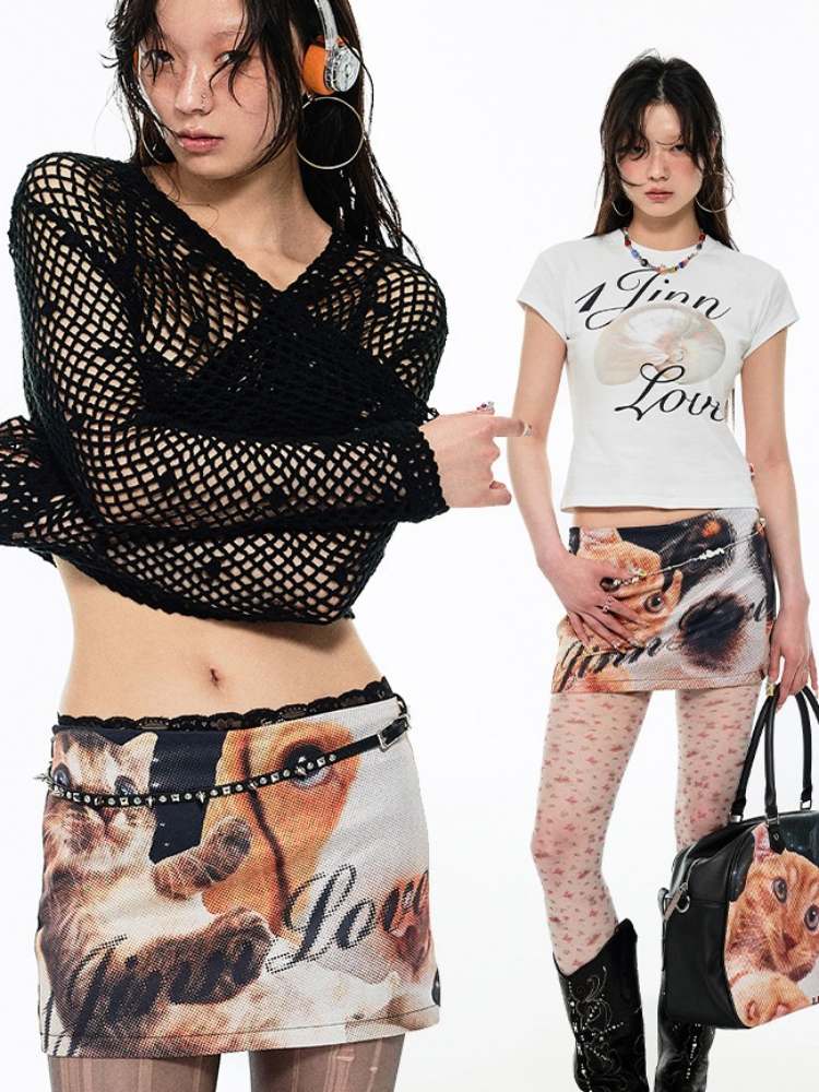 Dog & Cat Print Hip Hug Tight Mini Skirt