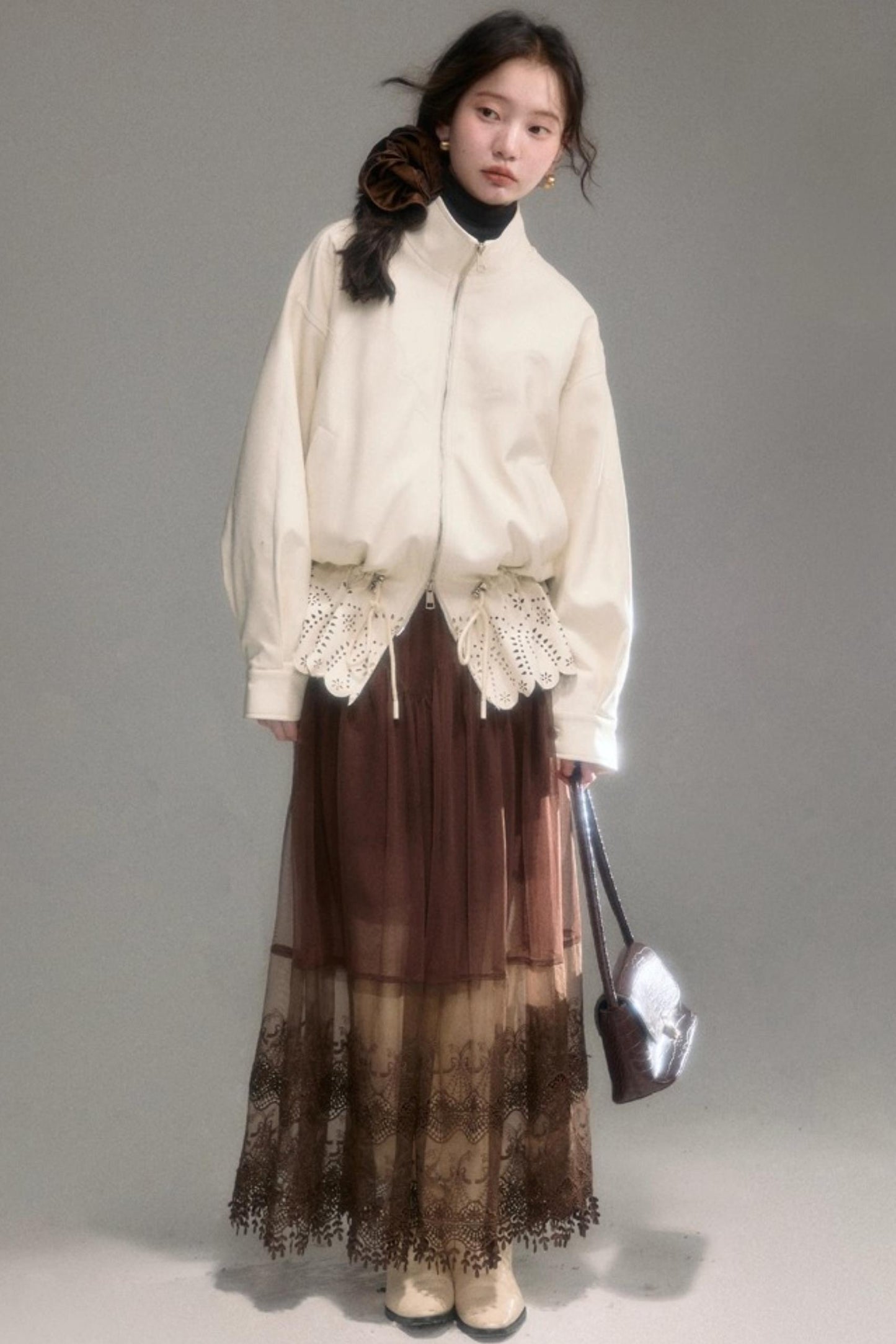 Hollow-Out Floral Leather Jacket