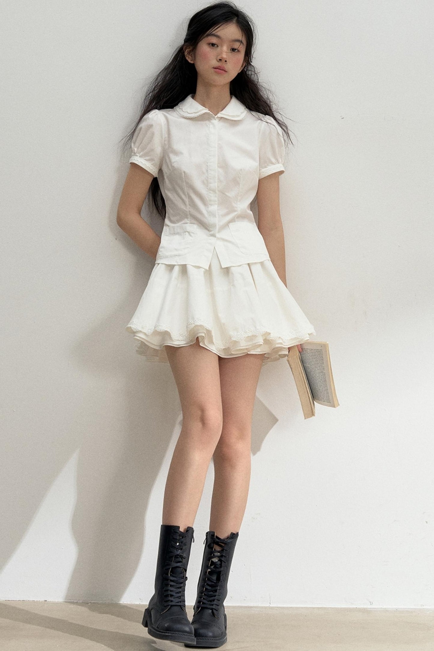 Lace-Collared Cotton Blouse Set-Up