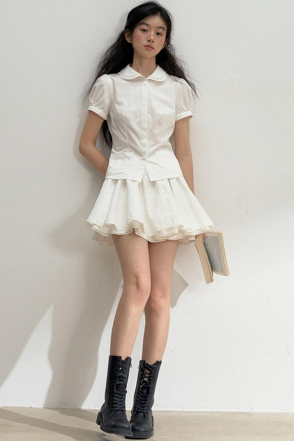 Lace-Collared Cotton Blouse Set-Up