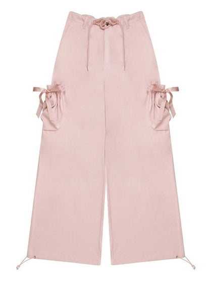 High Waist Ribbon Pocket Wide Leg Pants