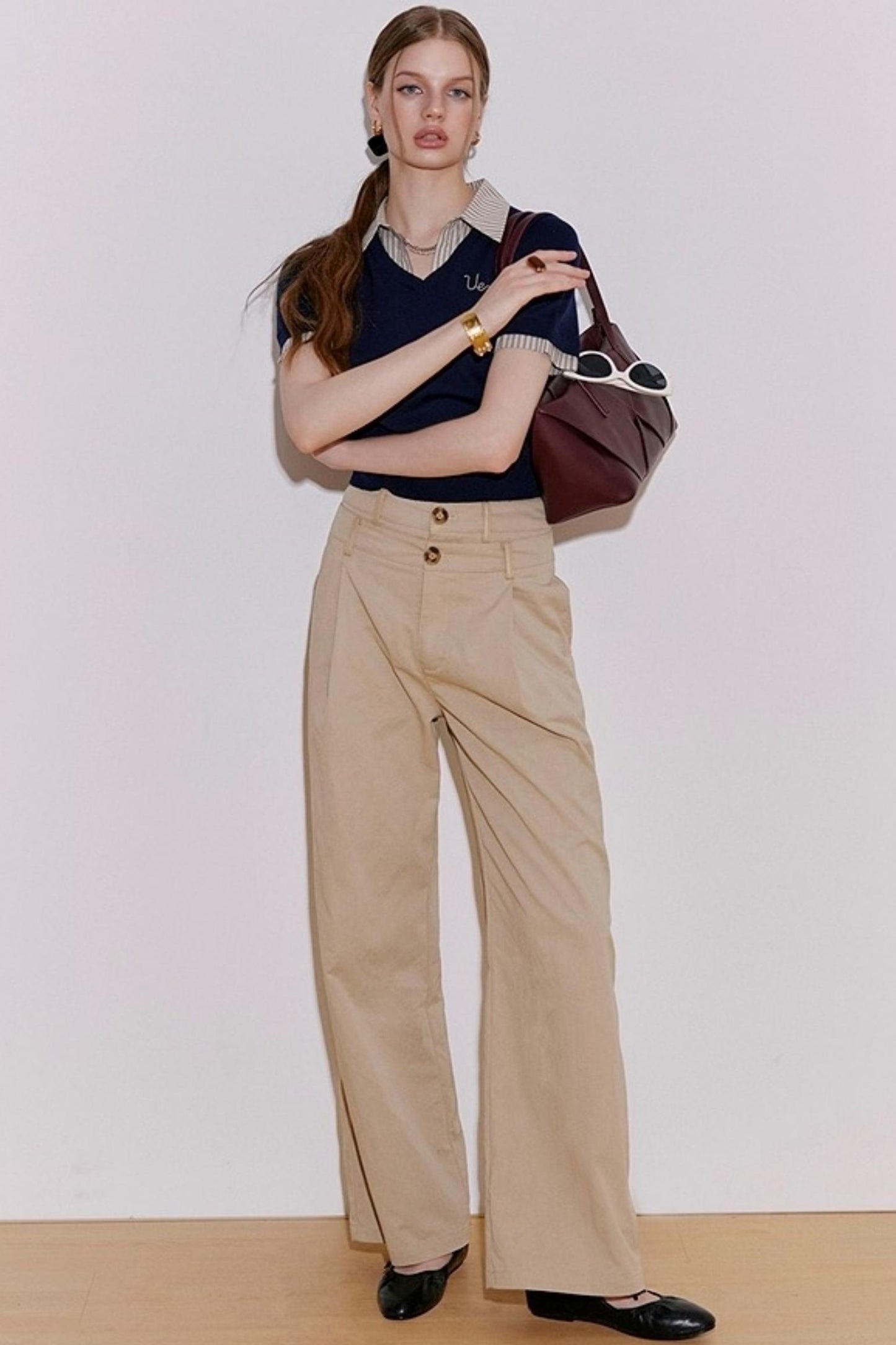 Embroidered Striped Collar Fake Two Piece T-Shirt