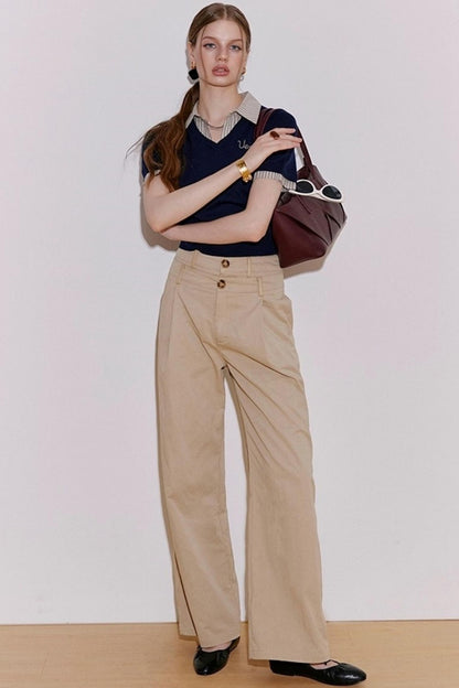 Embroidered Striped Collar Fake Two Piece T-Shirt