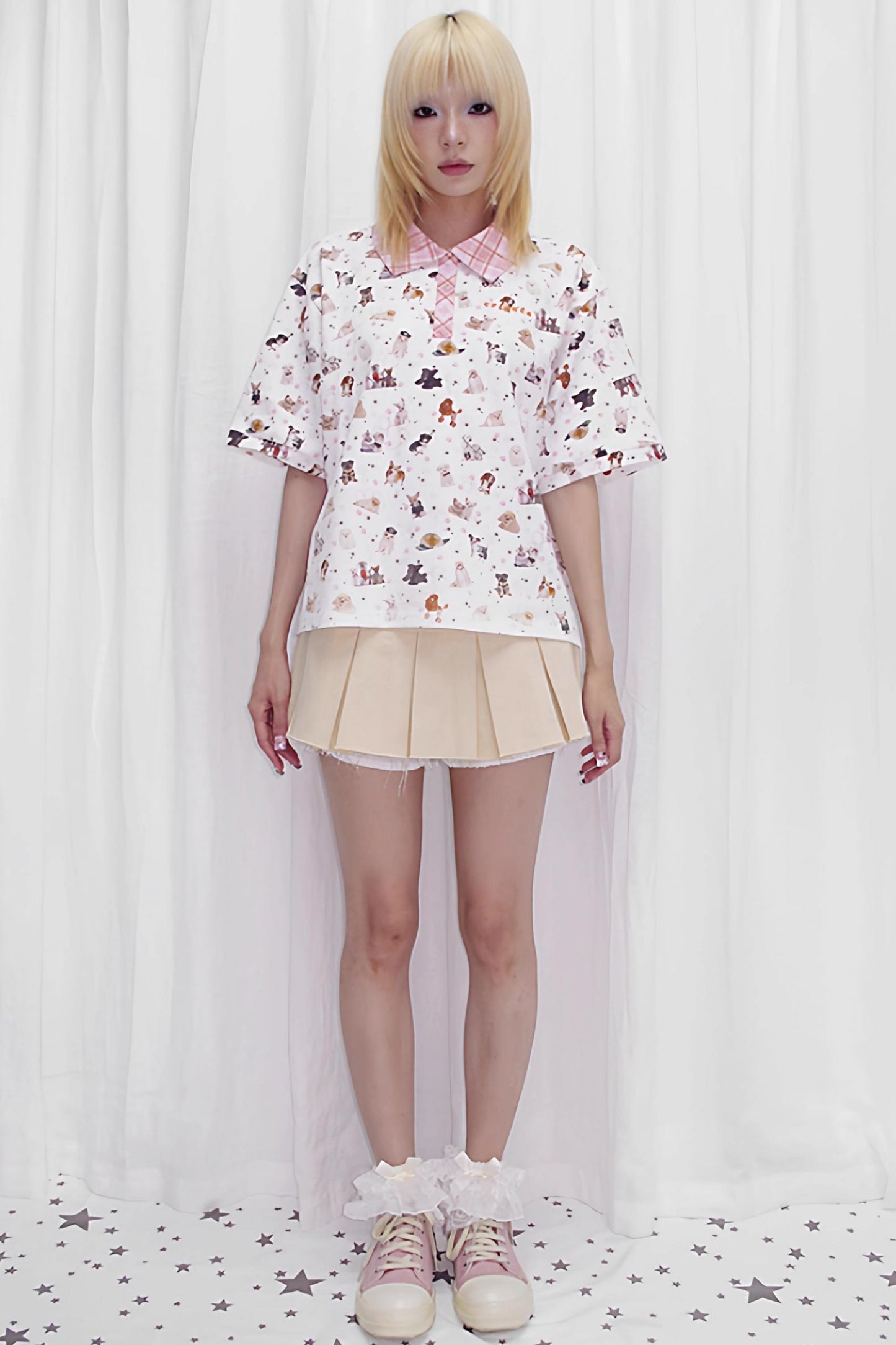 Dog Print Loose Fit Polo Shirt