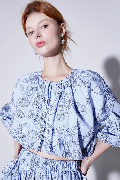 Embossed Floral Puff Sleeve Suit Set-Up