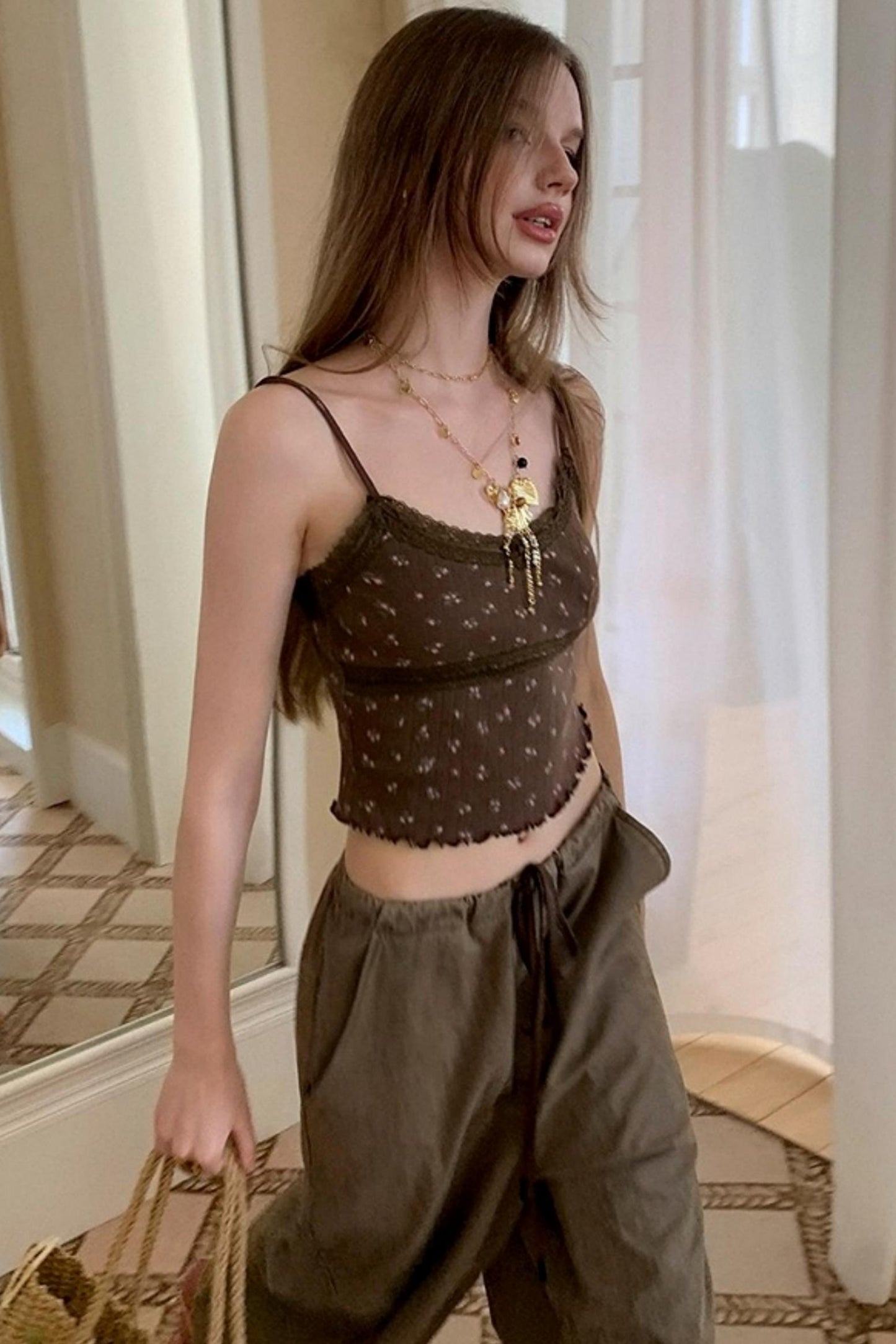 Short Floral Cardigan And Camisole