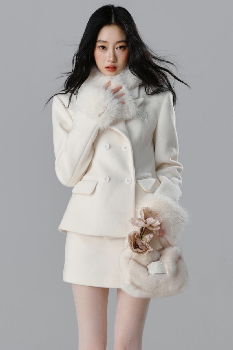 Fur Collar Blazer & Skirt Set-Up