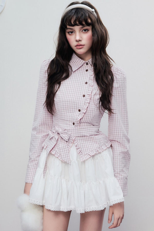 Spring Slim Plaid Ruffle Tie Shirt