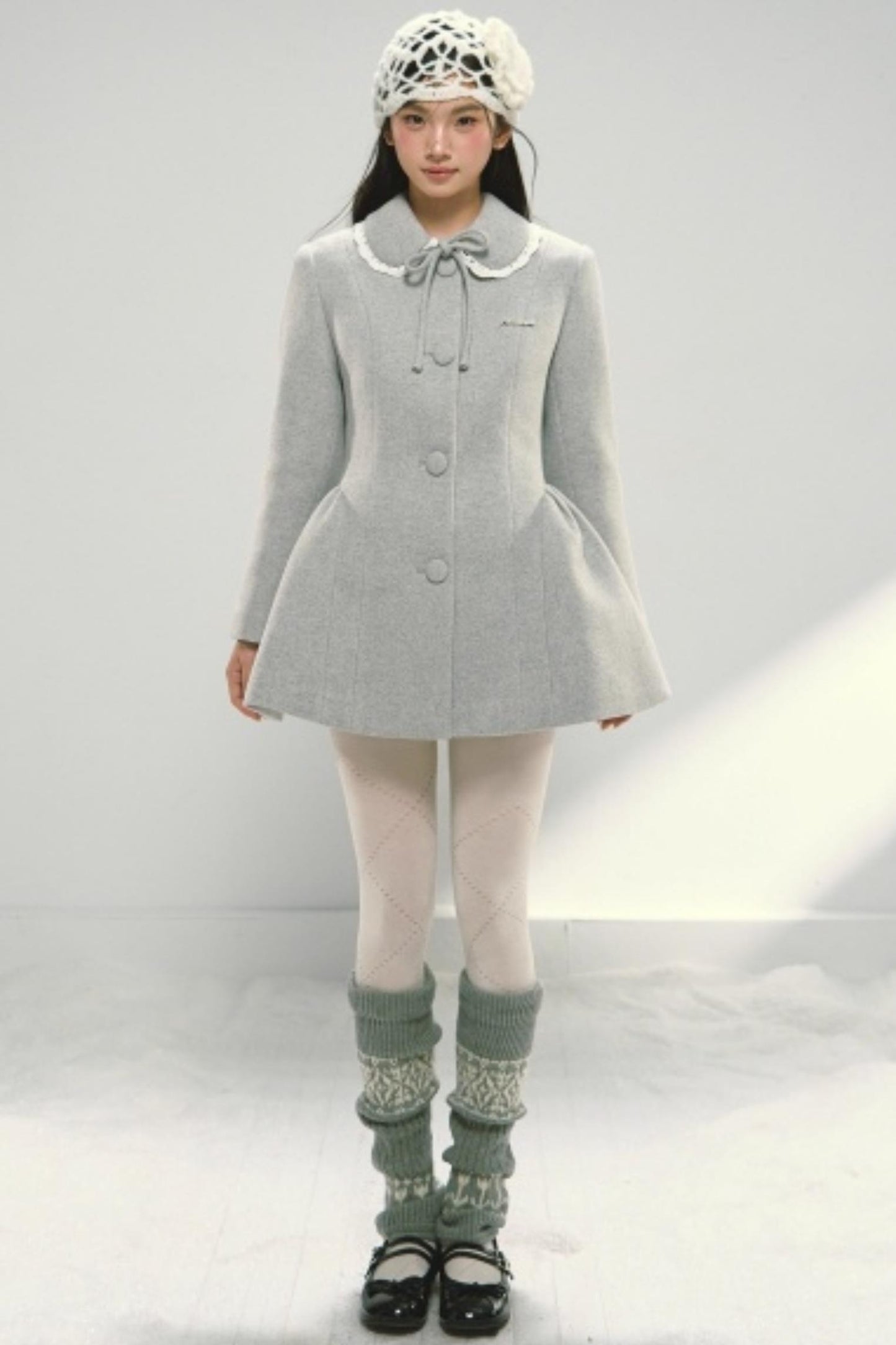 Light Gray Bow Woolen Coat