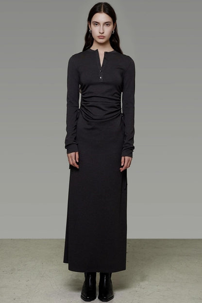 Pleated Long-Sleeve Dress