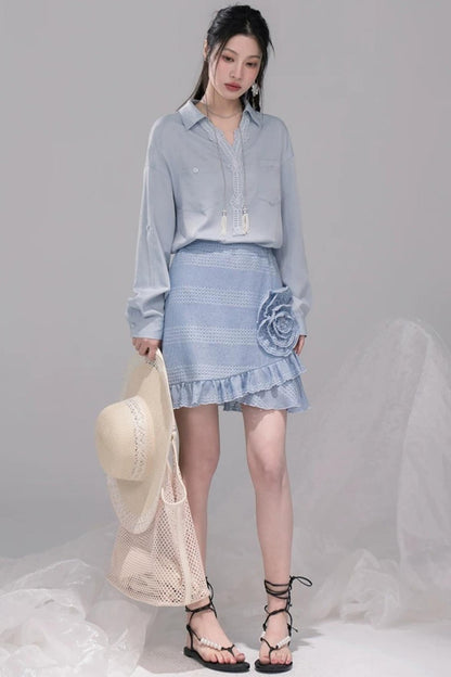 Mist Blue Lace Collar Shirt