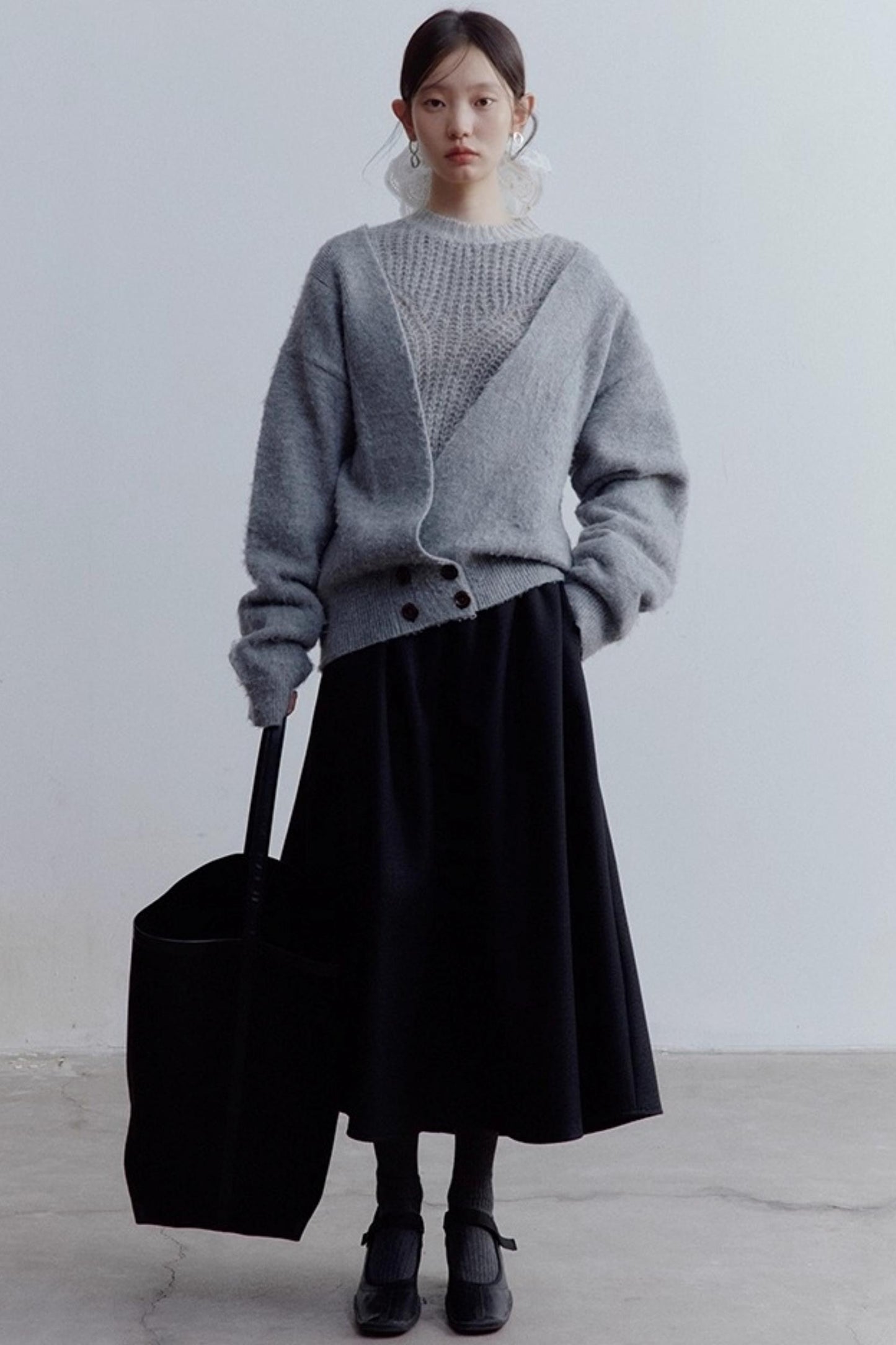 Misty Gray V-Neck Mohair Cardigan Coat