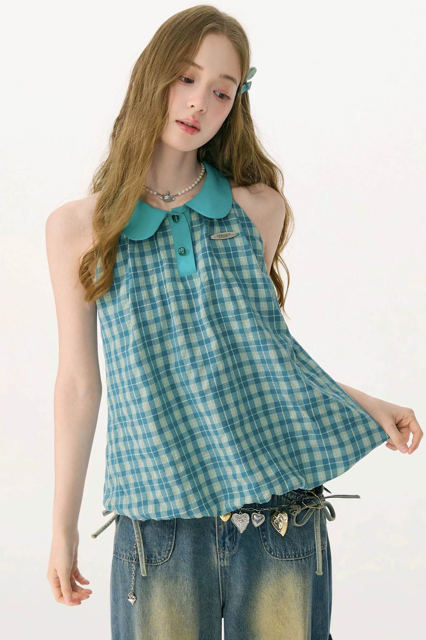 Blue Green Plaid Ruffled Halter Top