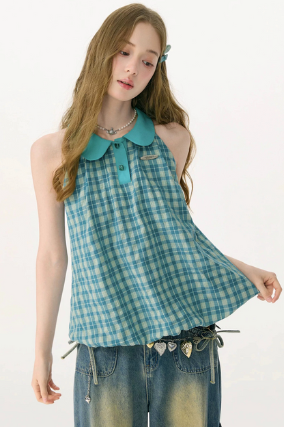 Blue Green Plaid Ruffled Halter Top