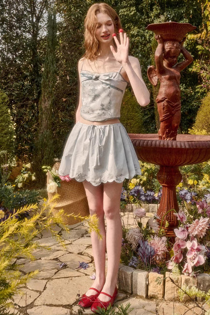 Baby Blue Embroidery Cotton Top and Skirt Set-Up