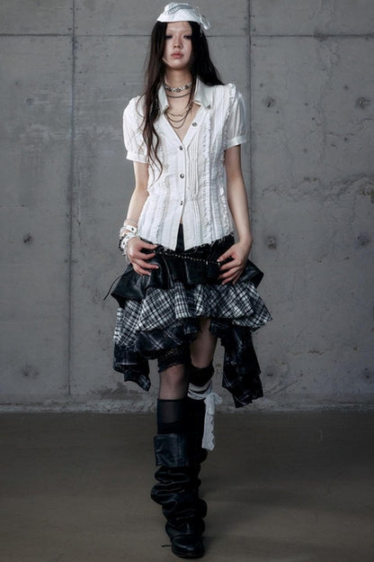 Vintage Lace V-Neck Bubble Sleeve Shirt