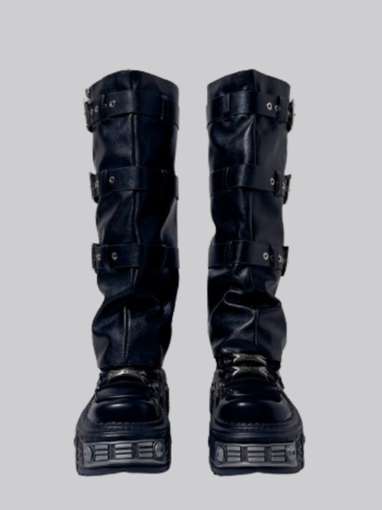 Y2K Punk Style Triple Belt Volume Sole Long Boots