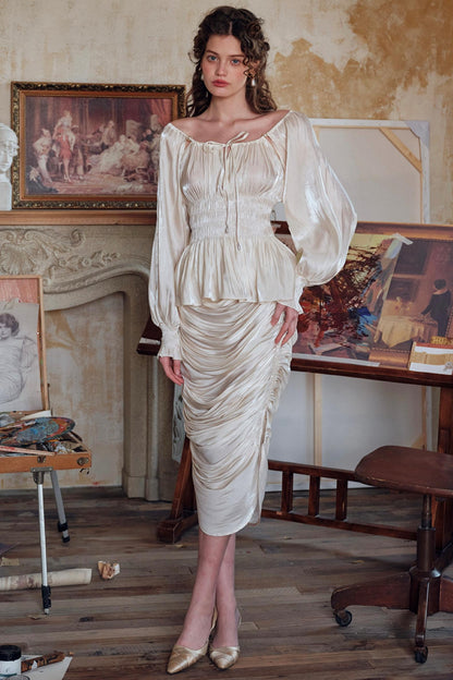 Satin Slim Fit Vintage Skirt Shirt Set-Up