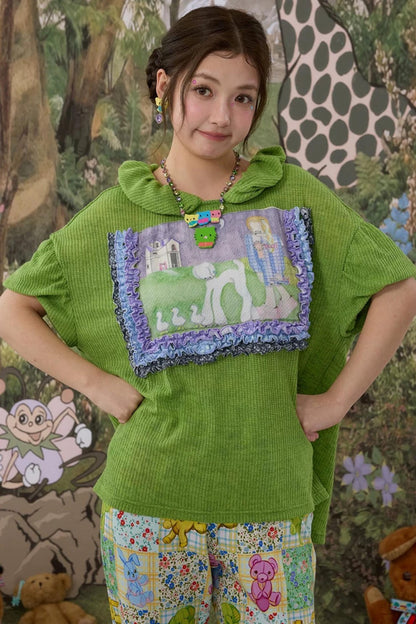 Green Lace Pleated Top