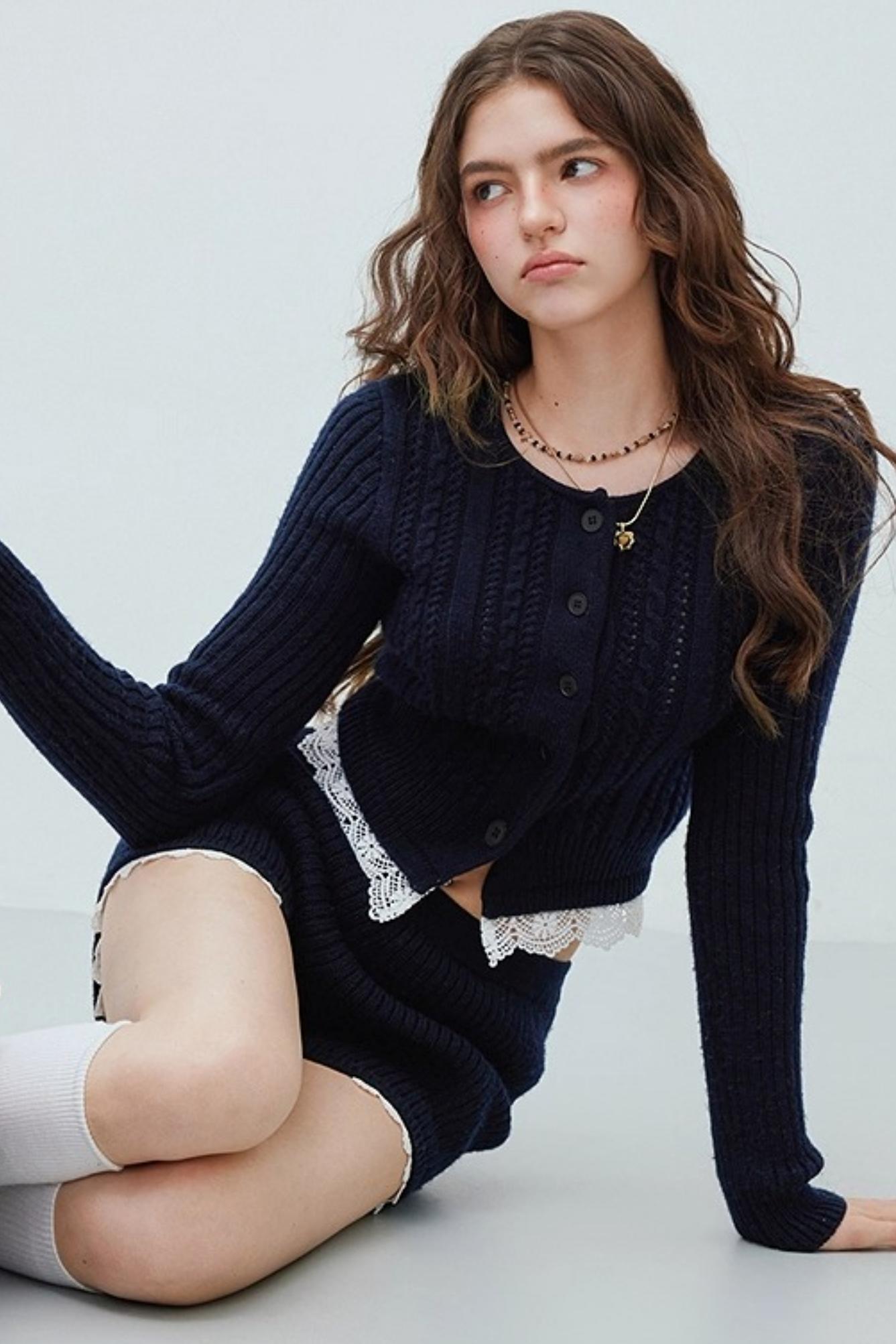 Floral Knit Cardigan Shorts Set-Up