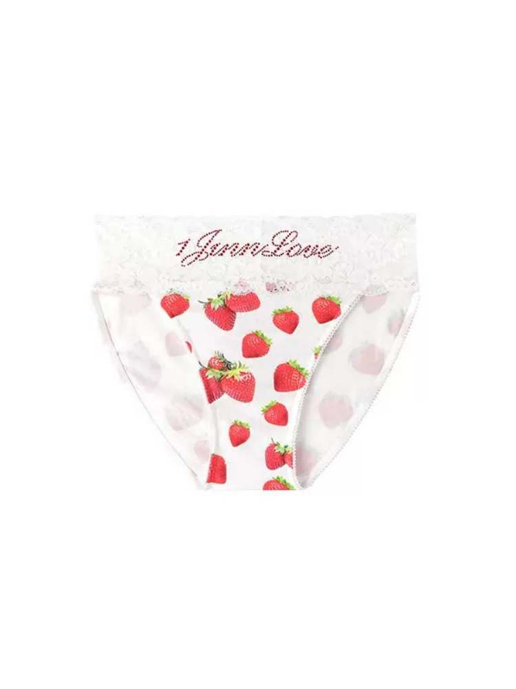 Rhinestone Embroidery Fruit Print Wide Lace Panties