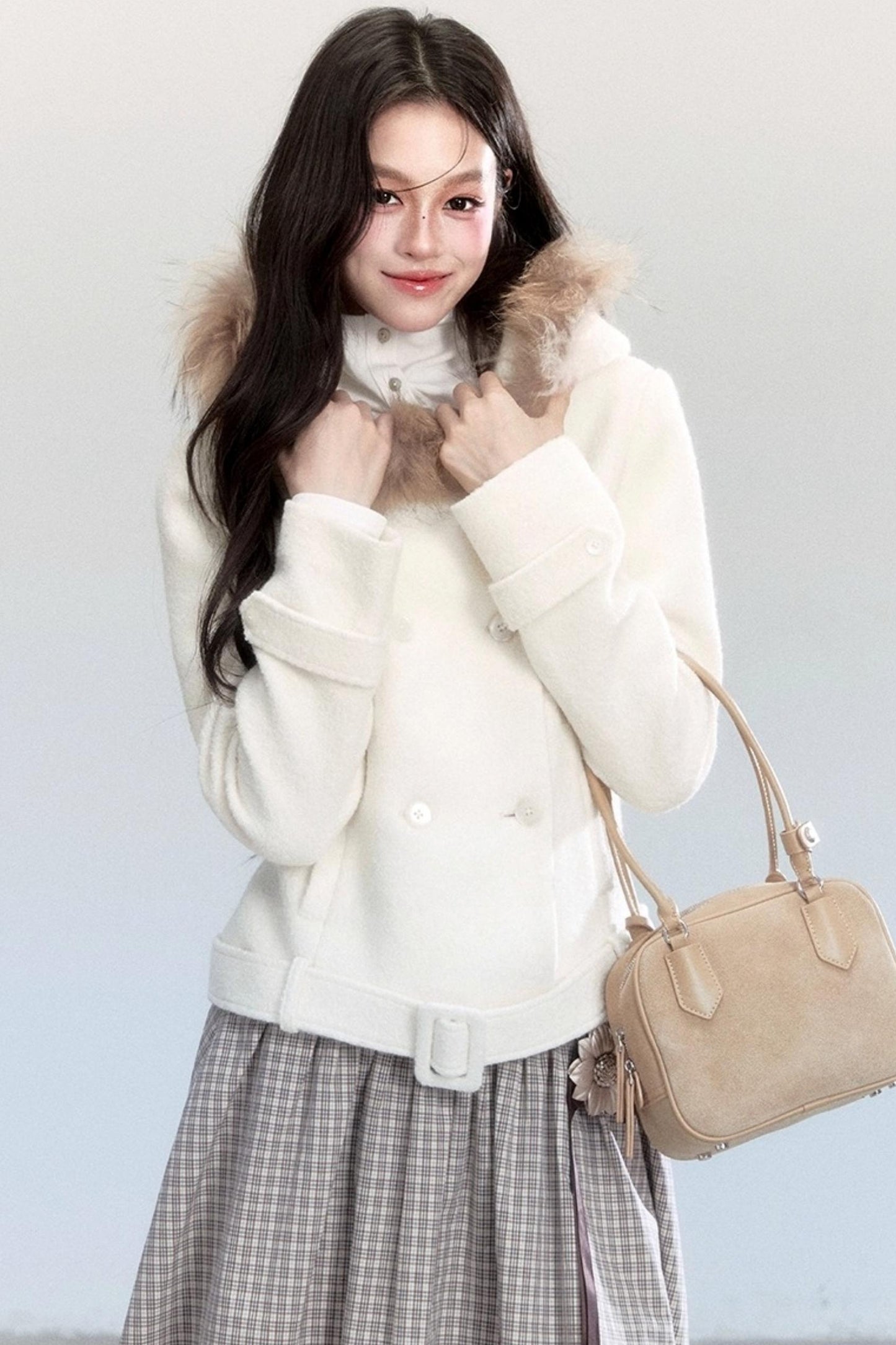 Fur Collar Slim Tweed Coat
