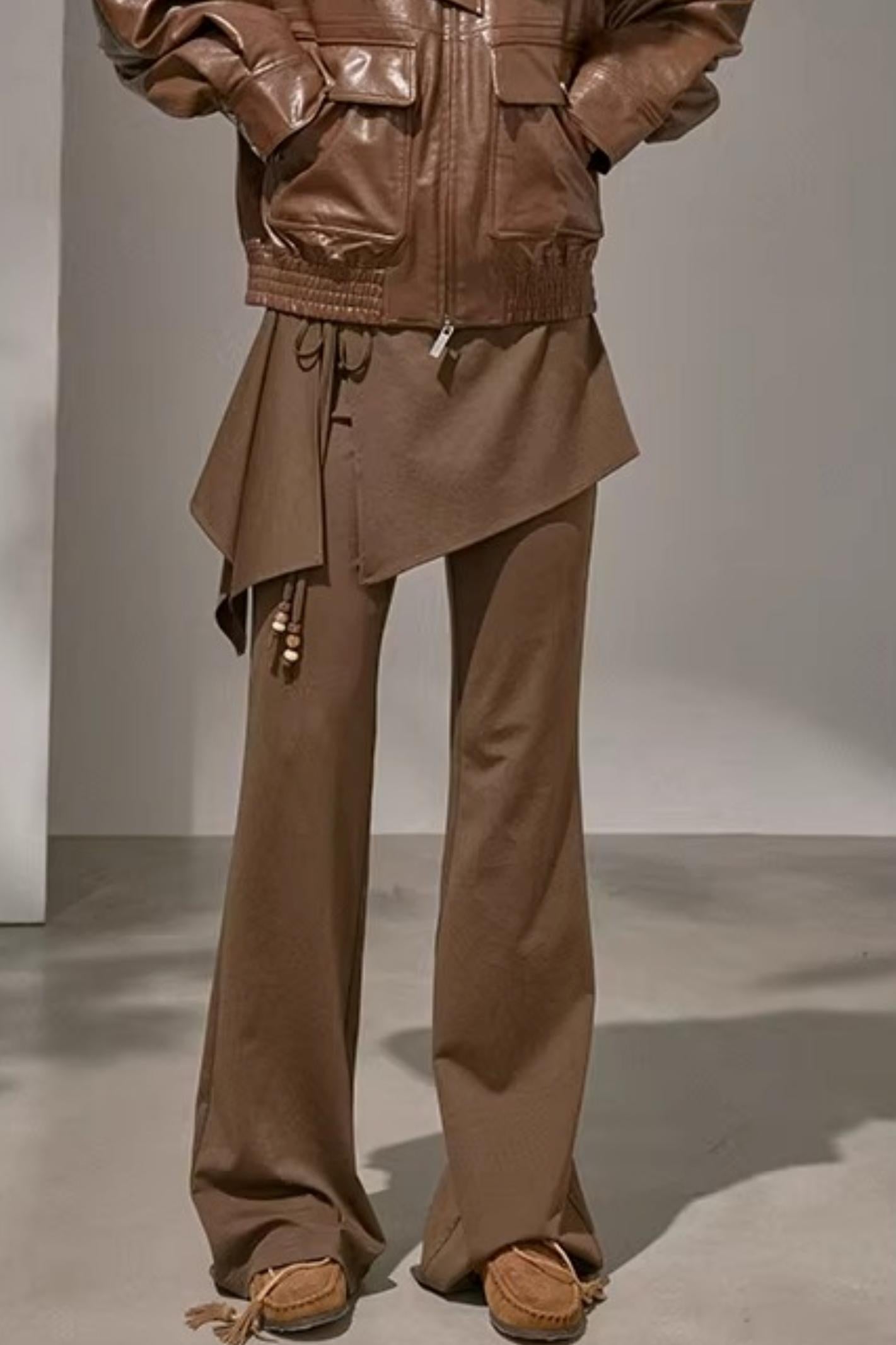 Vintage brown patchwork irregular flared pants with unique asymmetrical design