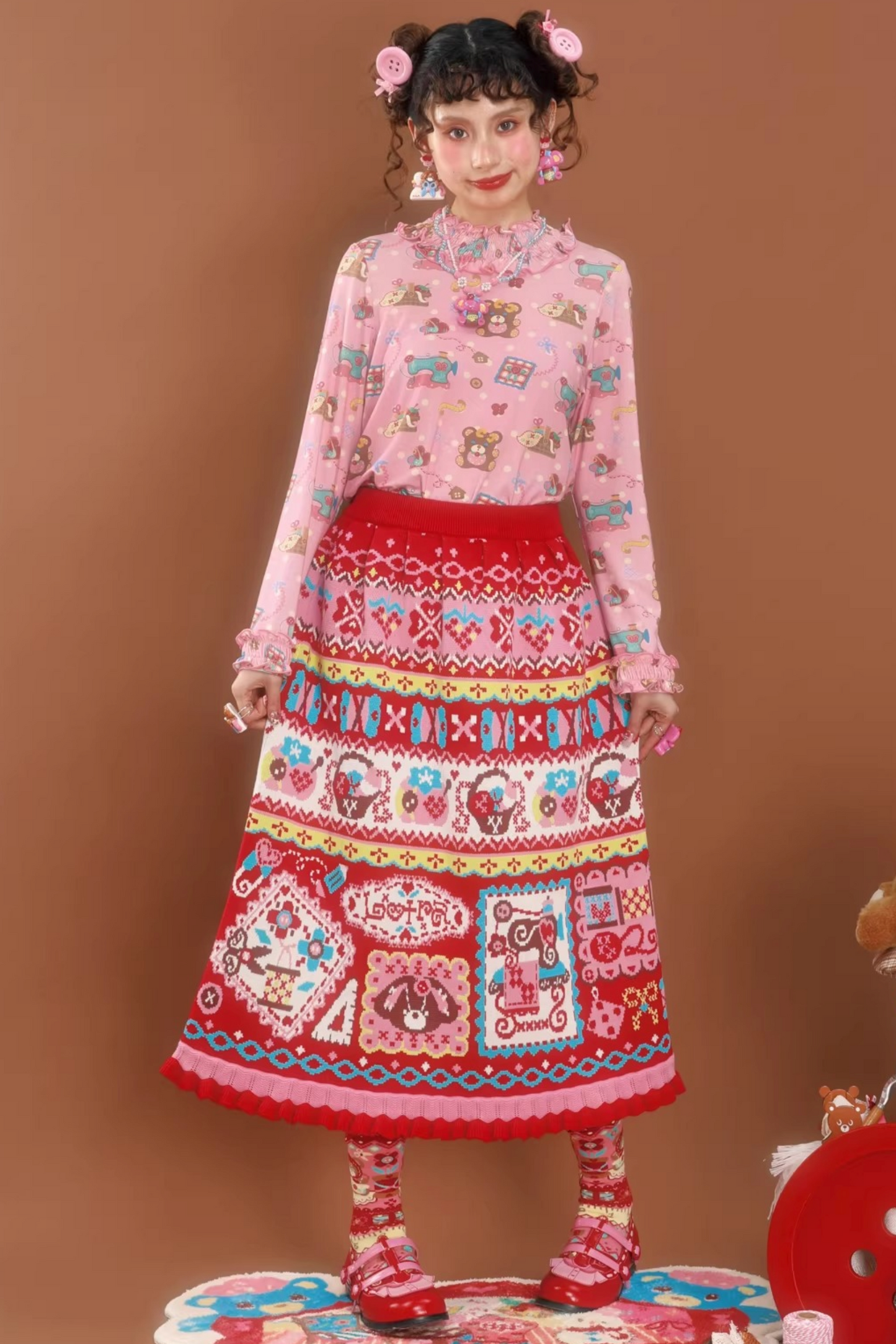 Rote Jacquard-Spitzenstrickrock