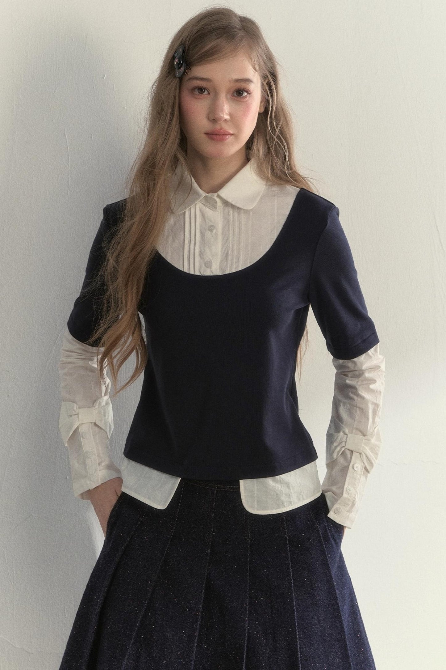 Retro Navy Faux Two-Piece Top