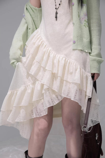 Flowing White Ruffle Dress Set-Up