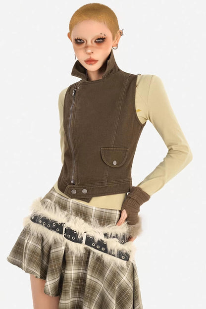Retro Coffee Denim Vest Jacket