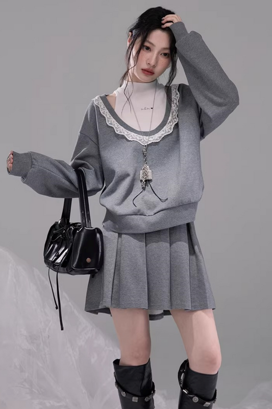 Chenwu Gray Pleated Skirt Sweatshirt Set