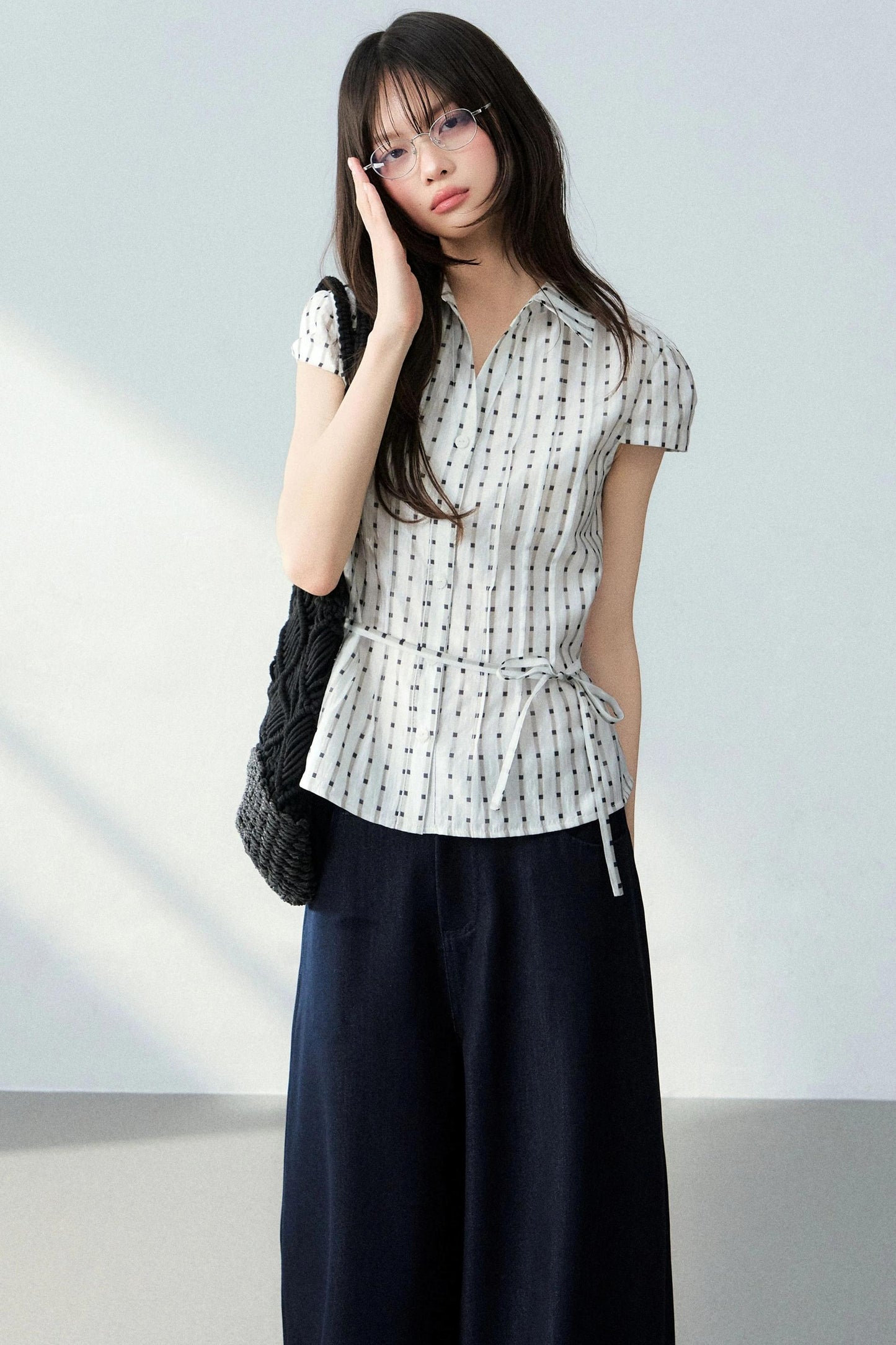 V-Neck Plaid Polka Dot Short Sleeve Shirt Set-Up