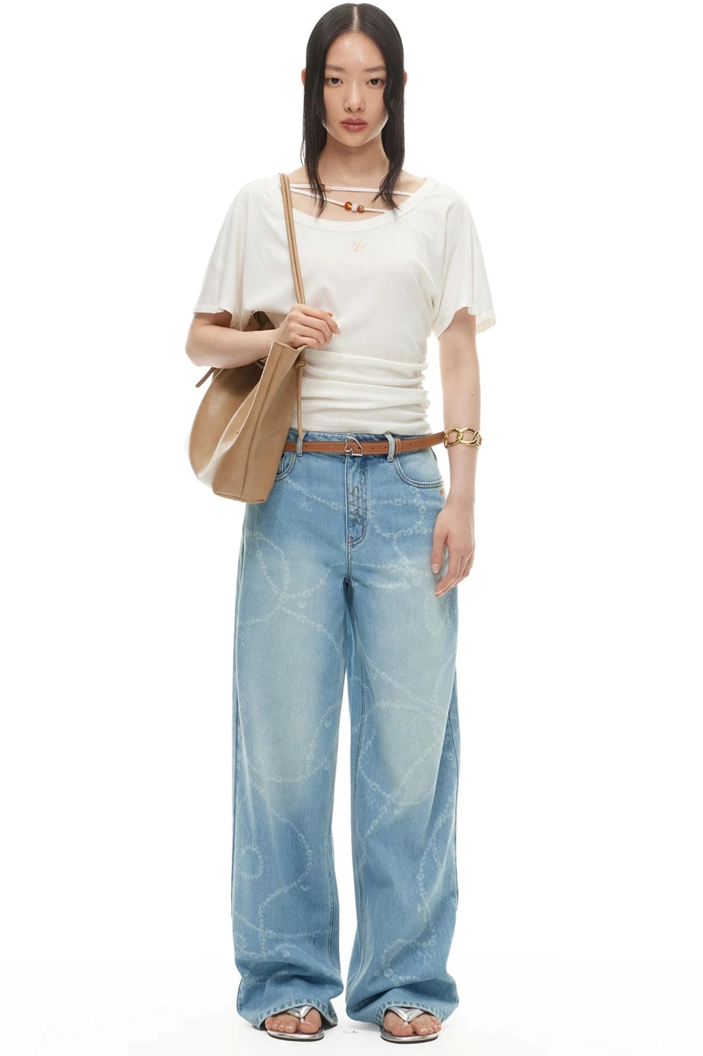 Washed Laser Print Denim Pants
