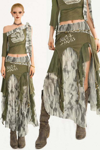 Irregular Patchwork Mesh Skirt