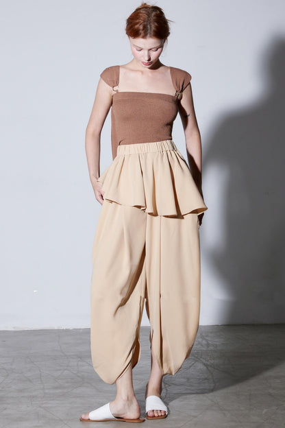 French Ruffled High-Waist Trousers